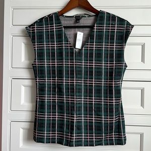 New with tags Ann Taylor plaid cap sleeve V-neck shell in green, black and pink